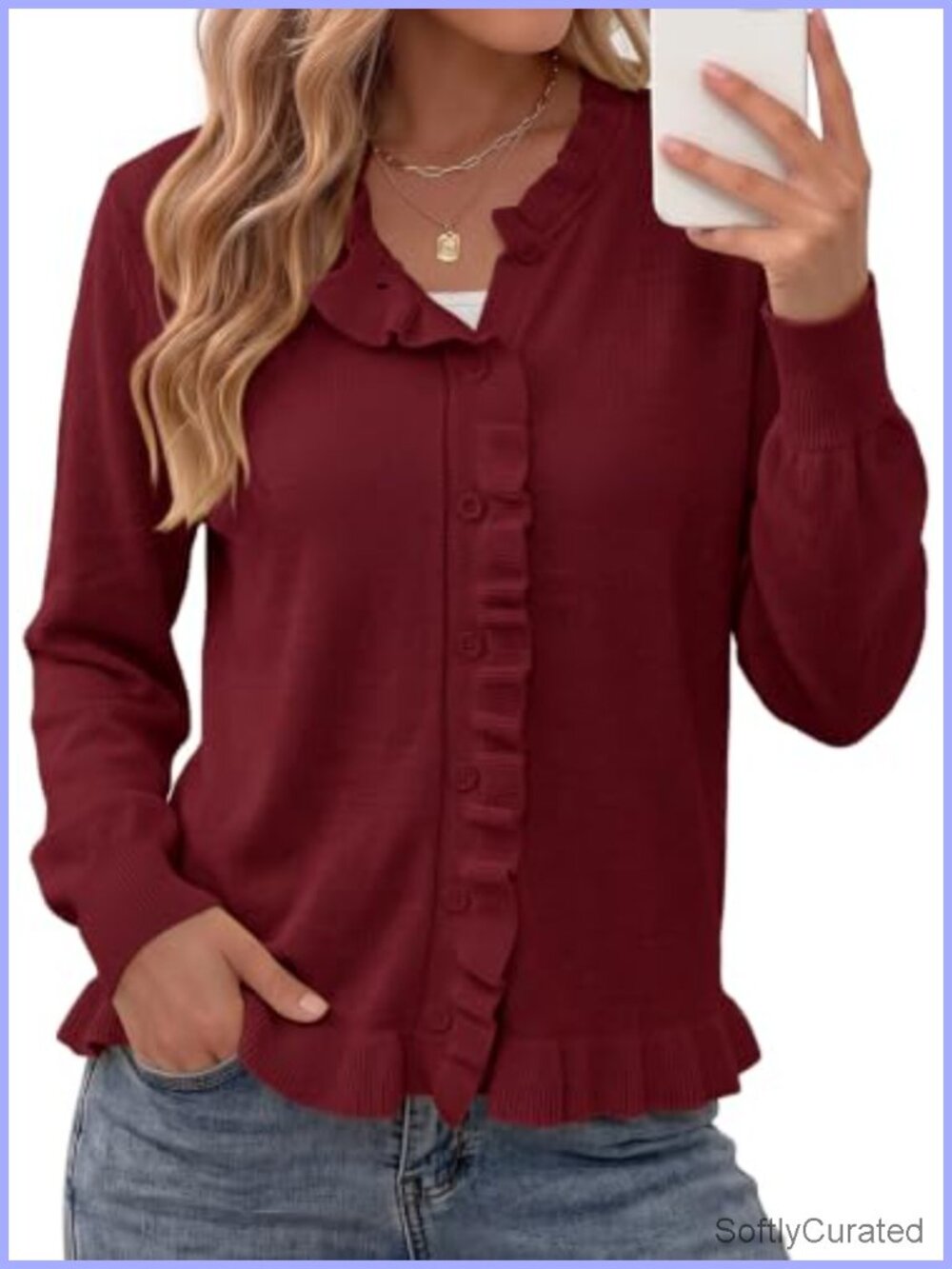 Dokotoo Women's Cardigan Sweater with Ruffle Trim, Button-Front Knit